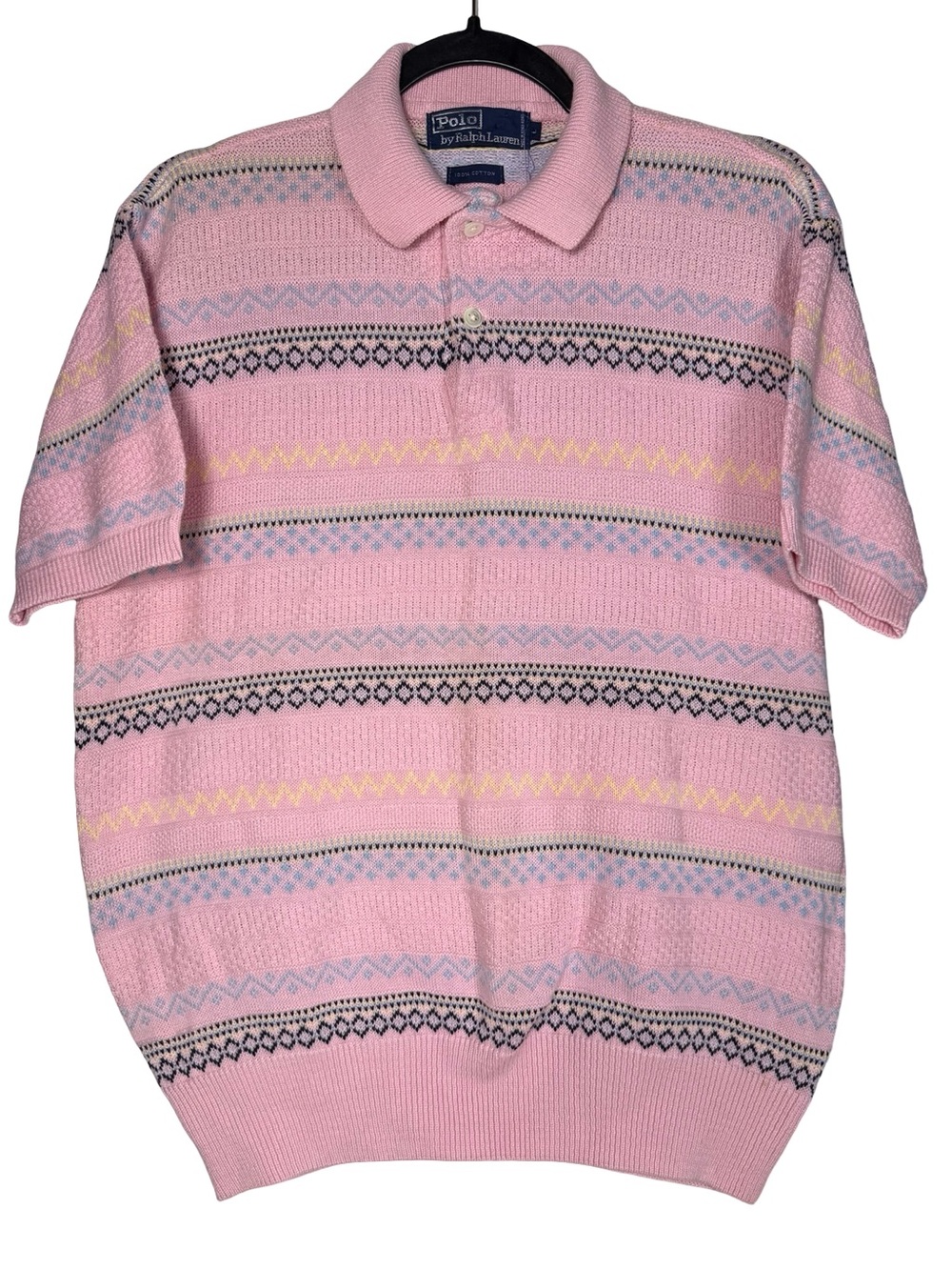Polo Ralph Lauren Large Pink Fair Isle Geo Knit Polo Shirt Cotton VTG Hong Kong